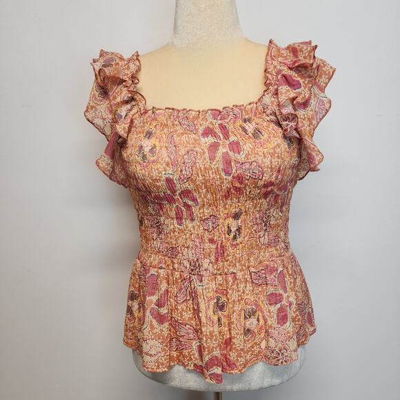 Nanette Lepore Floral Flutter Sleeve Top Size M Smock Ruffle Orange Peplum Boho - Picture 1 of 11